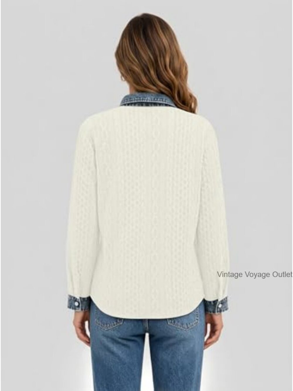 Women's Cable Knit Shacket Denim Patchwork Casual Jacket - Picture 4 of 5